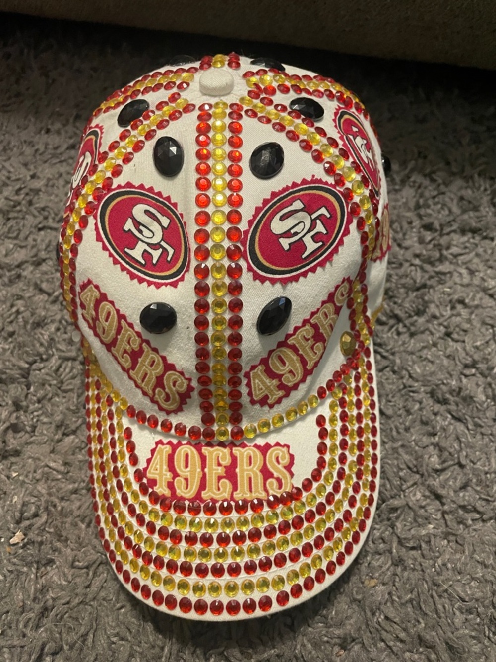 NFL San Francisco 49ers White Hat with Red and Gold Rhinestones